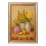 Quadro Decorativo Estilo Pintura Folk Moderna Composição de Arranjo Floral em Três Vasos Listrados e Maçã