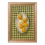 Quadro Decorativo Estilo Pintura Folk Moderna Composição de Cinco Pêras Amarelas em Prato Listrado sobre Toalha Xadrez