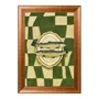 Quadro Decorativo Estilo Pintura Folk Moderna Composição de de Peixes no Prato Oval em Fundo com Padrão Xadrez Verde Texturizado