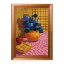 Quadro Decorativo Estilo Pintura Folk Moderna Composição de Flores Azuis e Maçã, com Vaso em Laranja Quente e Fundo Quadriculado