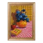 Quadro Decorativo Estilo Pintura Folk Moderna Composição de Flores Azuis e Maçã, com Vaso em Laranja Quente e Fundo Quadriculado