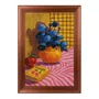 Quadro Decorativo Estilo Pintura Folk Moderna Composição de Flores Azuis e Maçã, com Vaso em Laranja Quente e Fundo Quadriculado