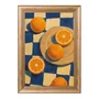 Quadro Decorativo Estilo Pintura Folk Moderna Composição de Laranjas no Prato e sobre o Fundo Xadrez Azul Texturizado