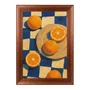 Quadro Decorativo Estilo Pintura Folk Moderna Composição de Laranjas no Prato e sobre o Fundo Xadrez Azul Texturizado