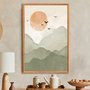 Quadro Decorativo Montanhas Com Sol E Pássaros Aquarela  Estilo Japandi