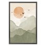 Quadro Decorativo Montanhas Com Sol E Pássaros Aquarela  Estilo Japandi