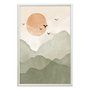 Quadro Decorativo Montanhas Com Sol E Pássaros Aquarela  Estilo Japandi
