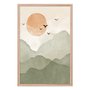 Quadro Decorativo Montanhas Com Sol E Pássaros Aquarela  Estilo Japandi