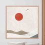 Quadro Decorativo Montanhas Com Sol Vermelho Estilo Japandi