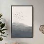 Quadro Decorativo Paisagem Aquarela Pássaros Nas Montanhas Estilo Japandi
