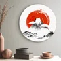 Quadro Decorativo Redondo Fujisan Taiyo Pintura do Monte Fuji em Frente ao Sol no Estilo Sumiê com Moldura em Couro Sint