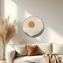Quadro Decorativo Redondo Sol E Montanhas Com Moldura Em Couro Sintético Estilo Japandi