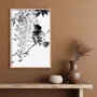 Quadro Decorativo Suzume Pintura de Pardal em Meio às Flores no Estilo Sumiê