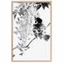 Quadro Decorativo Suzume Pintura de Pardal em Meio às Flores no Estilo Sumiê