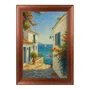 Quadro Decorativo Viela Grega ao Mar Azul: Buganvílias e Sol Mediterrâneo