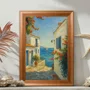Quadro Decorativo Viela Grega ao Mar Azul: Buganvílias e Sol Mediterrâneo