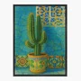 Quadro Em Tela Canvas Cacto Ornamental em Vaso Maiólica Contra Parede de Azulejos Azul-Turquesa