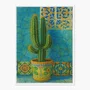 Quadro Em Tela Canvas Cacto Ornamental em Vaso Maiólica Contra Parede de Azulejos Azul-Turquesa