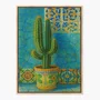 Quadro Em Tela Canvas Cacto Ornamental em Vaso Maiólica Contra Parede de Azulejos Azul-Turquesa
