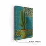 Quadro Em Tela Canvas Cacto Ornamental em Vaso Maiólica Contra Parede de Azulejos Azul-Turquesa