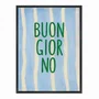 Quadro Em Tela Canvas Estilo Pintura Mid Century "Buon Giorno" em Verde, em Fundo de Padrão Listrado Azul Claro e Creme