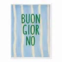 Quadro Em Tela Canvas Estilo Pintura Mid Century "Buon Giorno" em Verde, em Fundo de Padrão Listrado Azul Claro e Creme