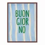 Quadro Em Tela Canvas Estilo Pintura Mid Century "Buon Giorno" em Verde, em Fundo de Padrão Listrado Azul Claro e Creme