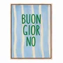 Quadro Em Tela Canvas Estilo Pintura Mid Century "Buon Giorno" em Verde, em Fundo de Padrão Listrado Azul Claro e Creme