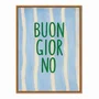 Quadro Em Tela Canvas Estilo Pintura Mid Century "Buon Giorno" em Verde, em Fundo de Padrão Listrado Azul Claro e Creme