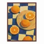 Quadro Em Tela Canvas Estilo Pintura Mid Century Composição de Laranjas no Prato e sobre o Fundo Xadrez Azul