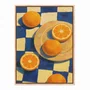 Quadro Em Tela Canvas Estilo Pintura Mid Century Composição de Laranjas no Prato e sobre o Fundo Xadrez Azul