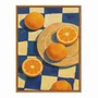 Quadro Em Tela Canvas Estilo Pintura Mid Century Composição de Laranjas no Prato e sobre o Fundo Xadrez Azul