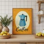 Quadro Em Tela Canvas Estilo Pintura Mid Century/Retrô Moka Italiana Azul em Círculo Creme com Fundo Laranja Vibrante