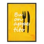 Quadro Em Tela Canvas Estilo Pintura Folk Moderno/Pop "Buon Appetito" sobre Fundo Amarelo, com Silhuetas de Talheres