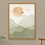 Quadro Em Tela Canvas Montanhas Com Sol E Pássaros Aquarela Estilo Japandi