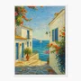 Quadro Em Tela Canvas Viela Grega ao Mar Azul: Buganvílias e Sol Mediterrâneo
