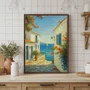 Quadro Em Tela Canvas Viela Grega ao Mar Azul: Buganvílias e Sol Mediterrâneo